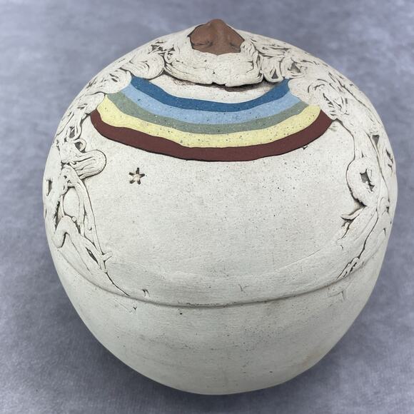 c.1995 Jude Holdsworth Rainbow Face Trinket Box 5.5" x 5" Art Pottery No Stamp - Picture 12 of 12